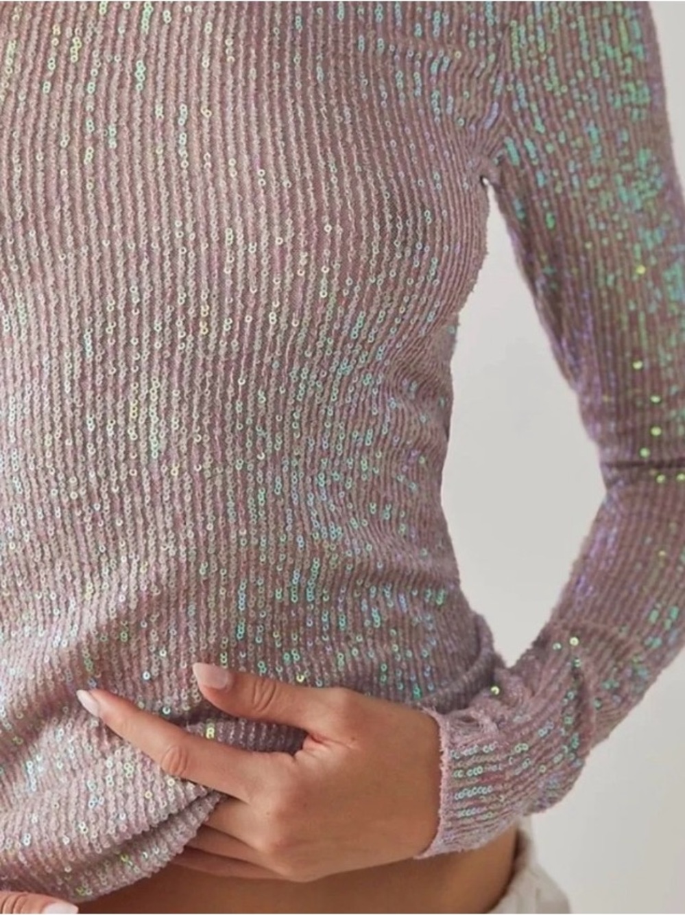 Free People Gold Rush Long Sleeve Sequin Top Irridescent Pink Champagne Small